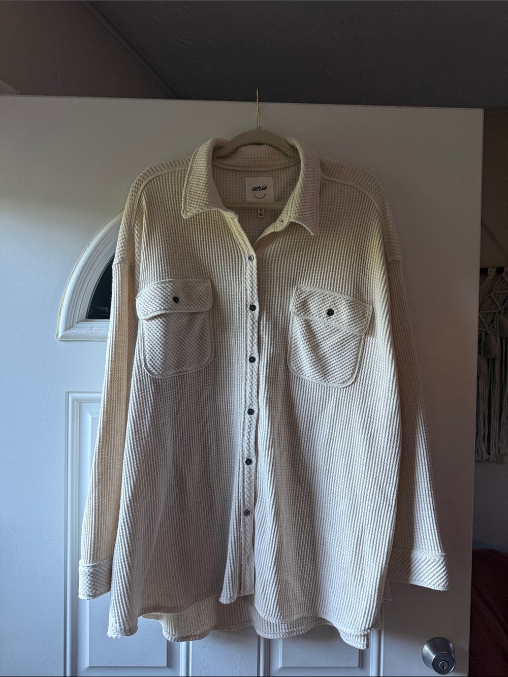 Aerie Cream Waffle Knit Button-Down Shirt